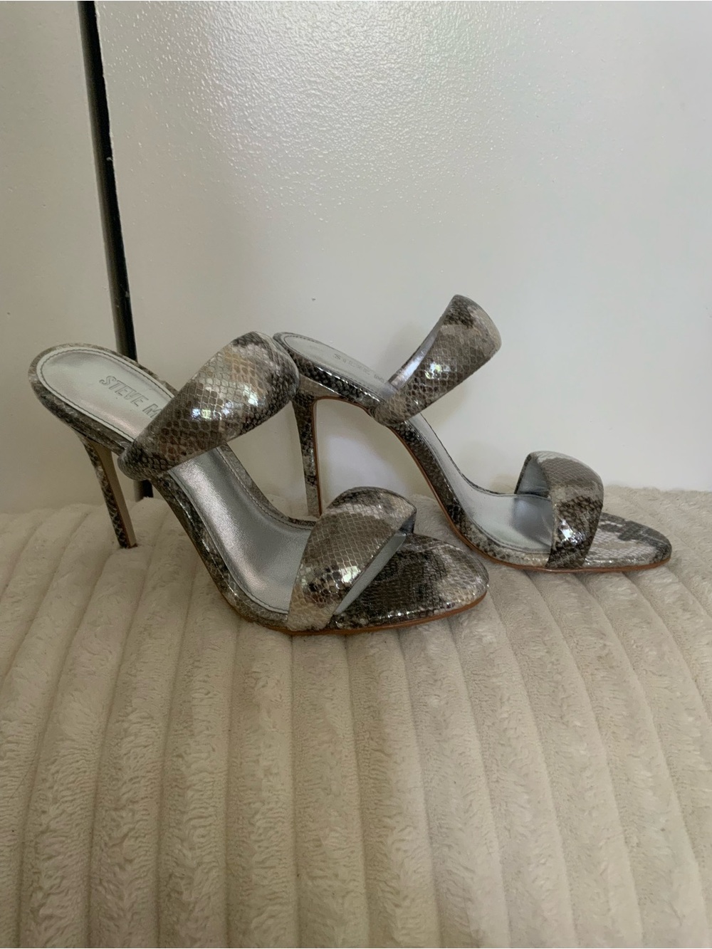 Steve Madden Silver Snakeskin Double-Band Stiletto Sandals